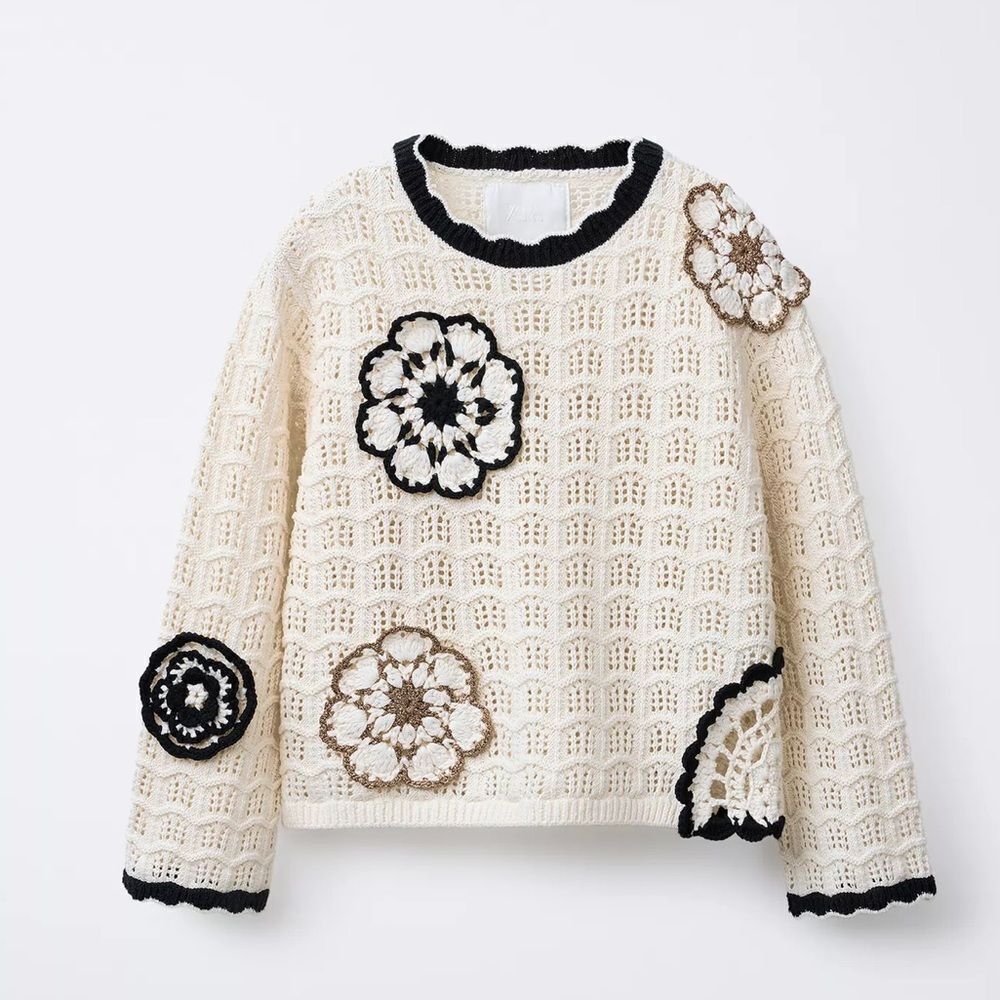 ZARA FLORAL CROCHET SWEATER